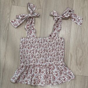 Paper Crane baby doll Red Floral Smocked Blouse with Bow Straps